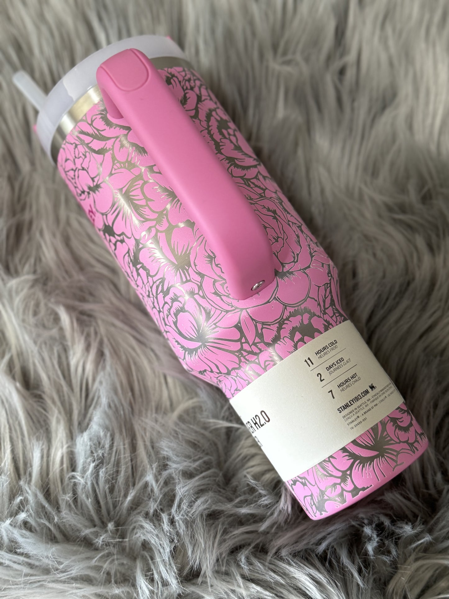 40oz Stanley Quencher H2.0 Peony with full wrap peony engrave