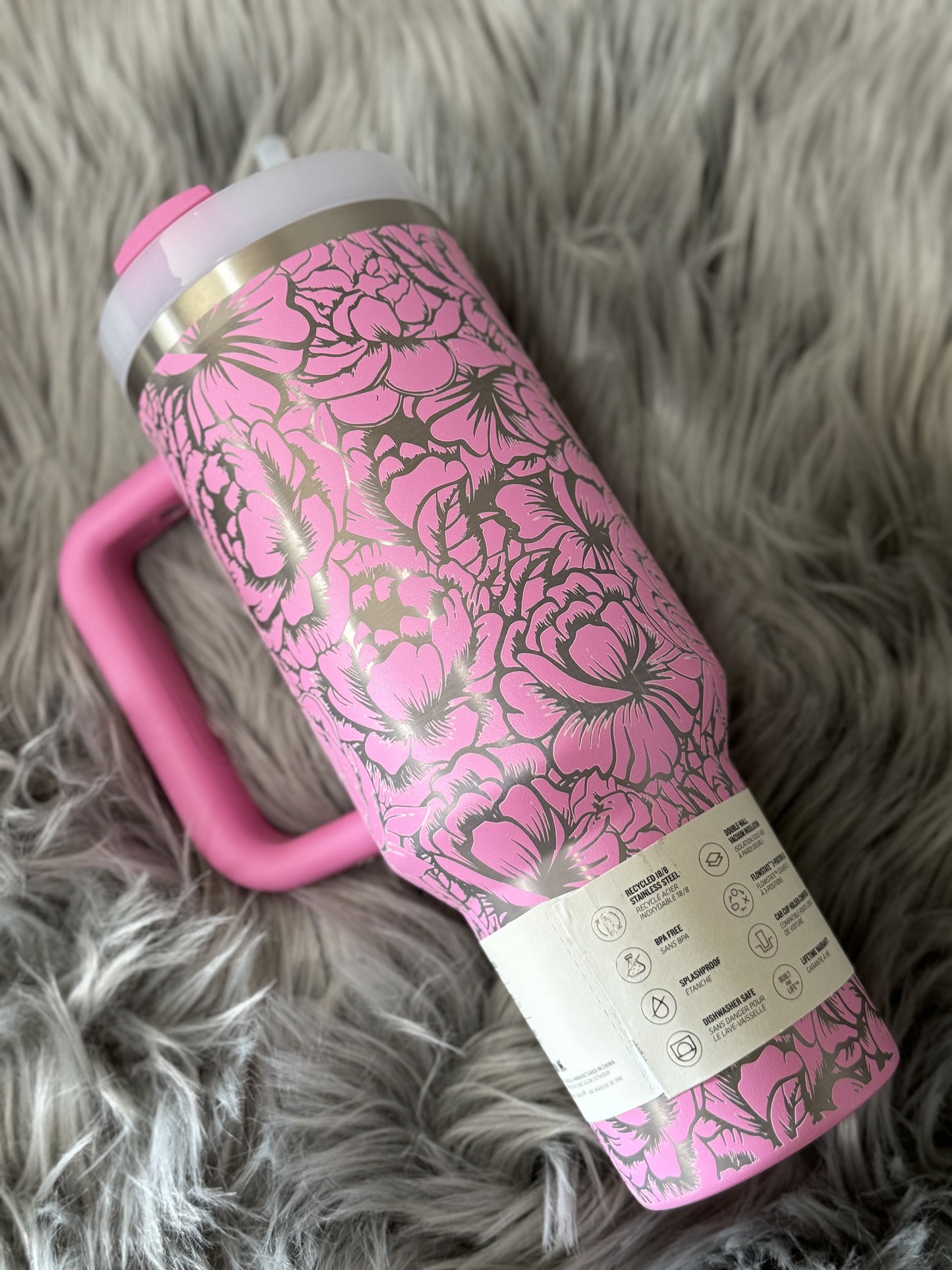 40oz Stanley Quencher H2.0 Peony with full wrap peony engrave