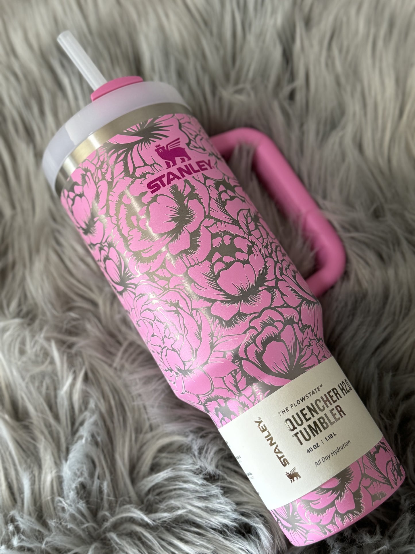 40oz Stanley Quencher H2.0 Peony with full wrap peony engrave