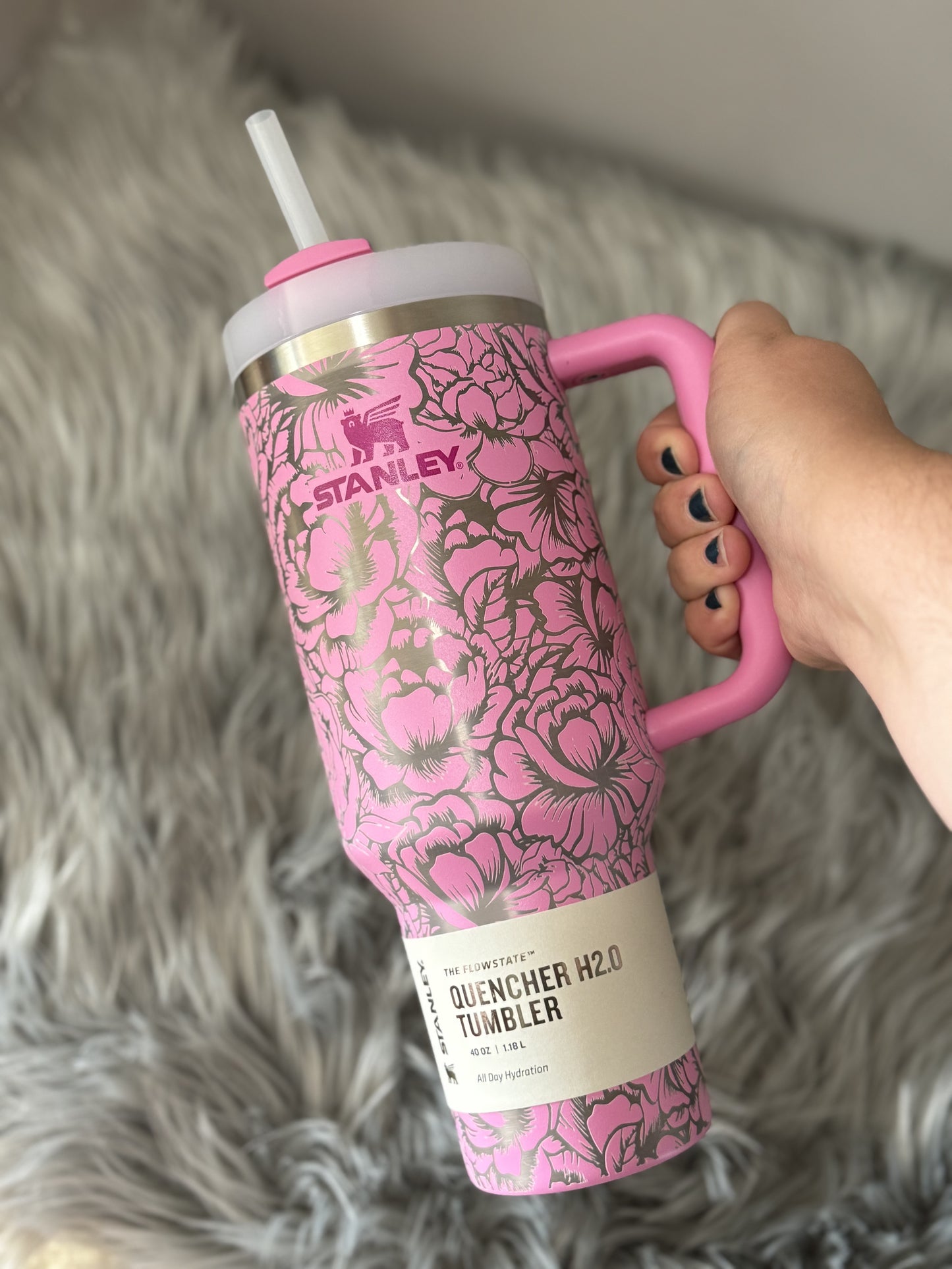 40oz Stanley Quencher H2.0 Peony with full wrap peony engrave