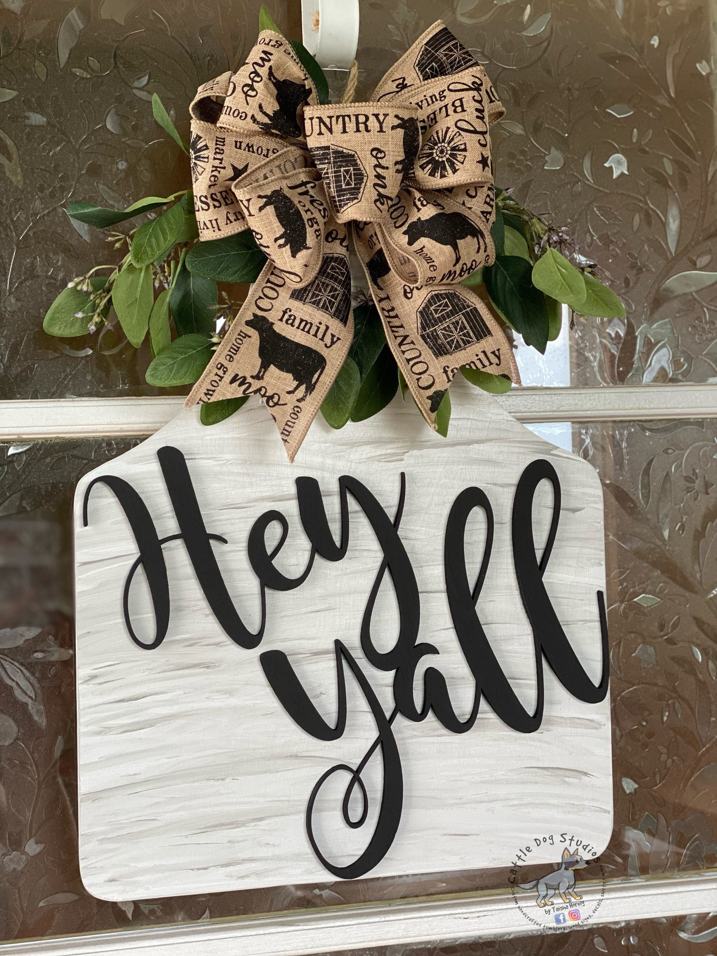 Large Country Rustic Farmhouse Cattle Tag Welcome Sign Door Hanger with Hey Y’all Greeting